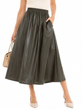 A New Day Brown Faux Leather Midi Skirt XS Quiet Luxury A Line Pockets